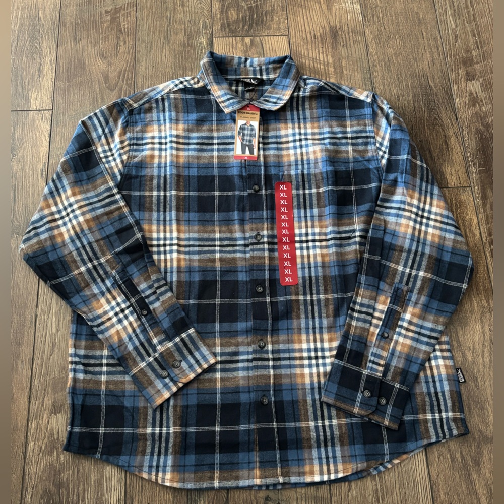 Eddie Bauer NWT Men's Blue, Brown, White Plaid Flannel Shirt Sizes XL